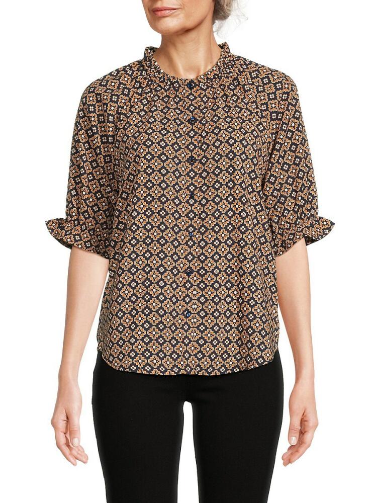 Bobeau Women's Print Button Down Top - Navy Caramel Cover