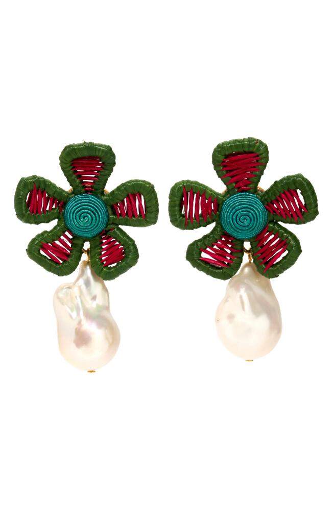 Lizzie Fortunato Crown Daisy Raffia & Baroque Pearl Drop Earrings in Green Multi Cover