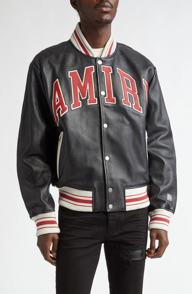 AMIRI Varsity Logo Leather Bomber Jacket in Black Cover