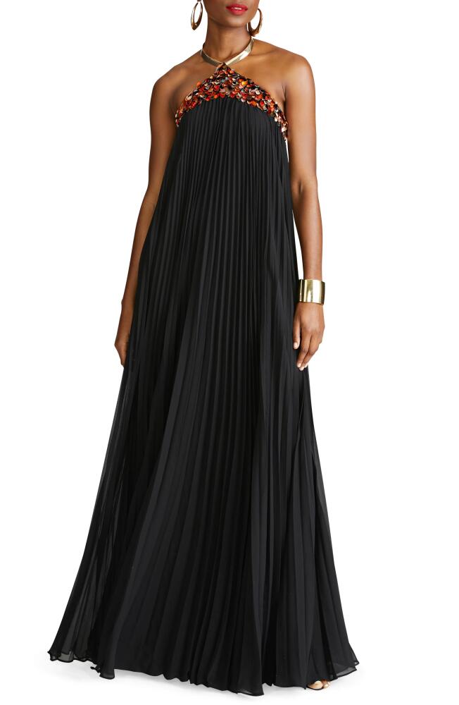 HALSTON Pythia Pleated Chiffon Halter Neck Gown in Black Cover