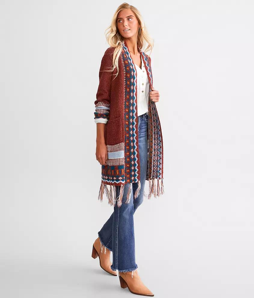 BKE Geo Print Fringe Cardigan Sweater Cover