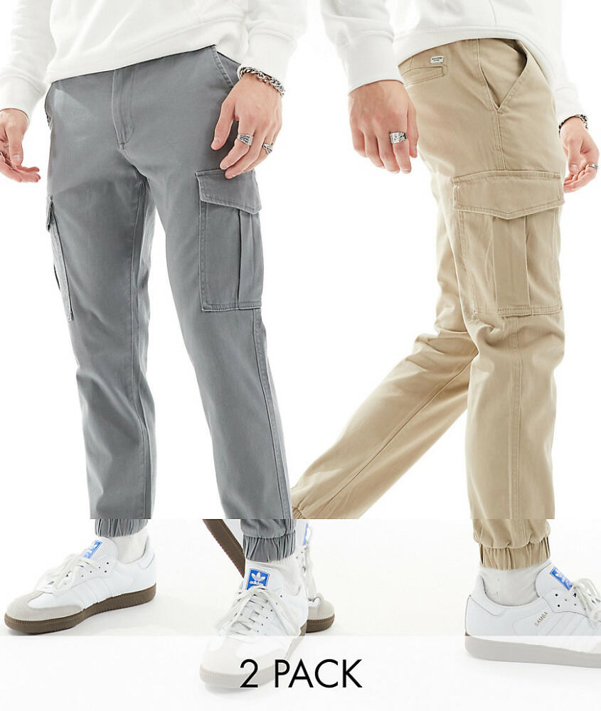 Jack & Jones 2 pack cuffed cargo pants in beige & gray Cover