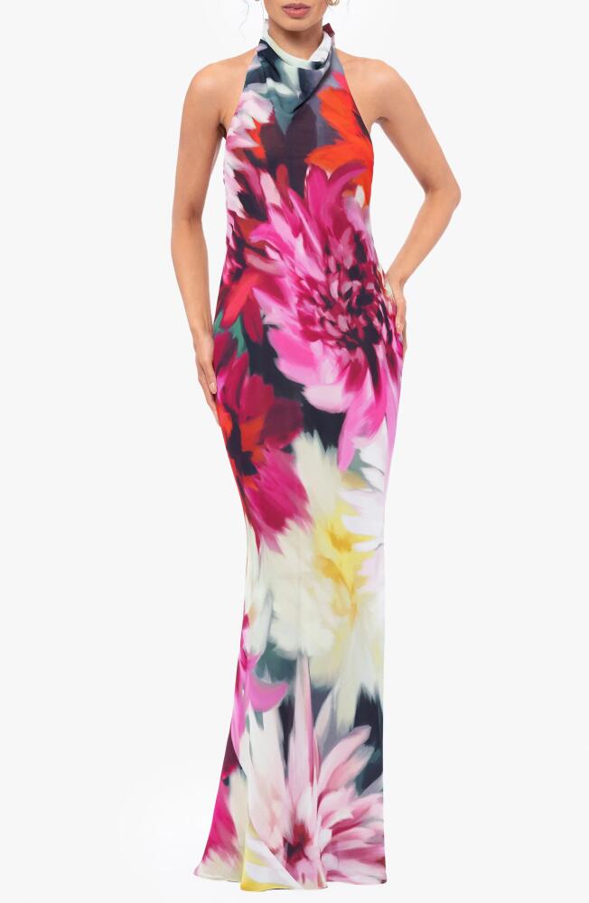 Betsy & Adam Floral Halter Gown in Fuchsia/Blush Cover