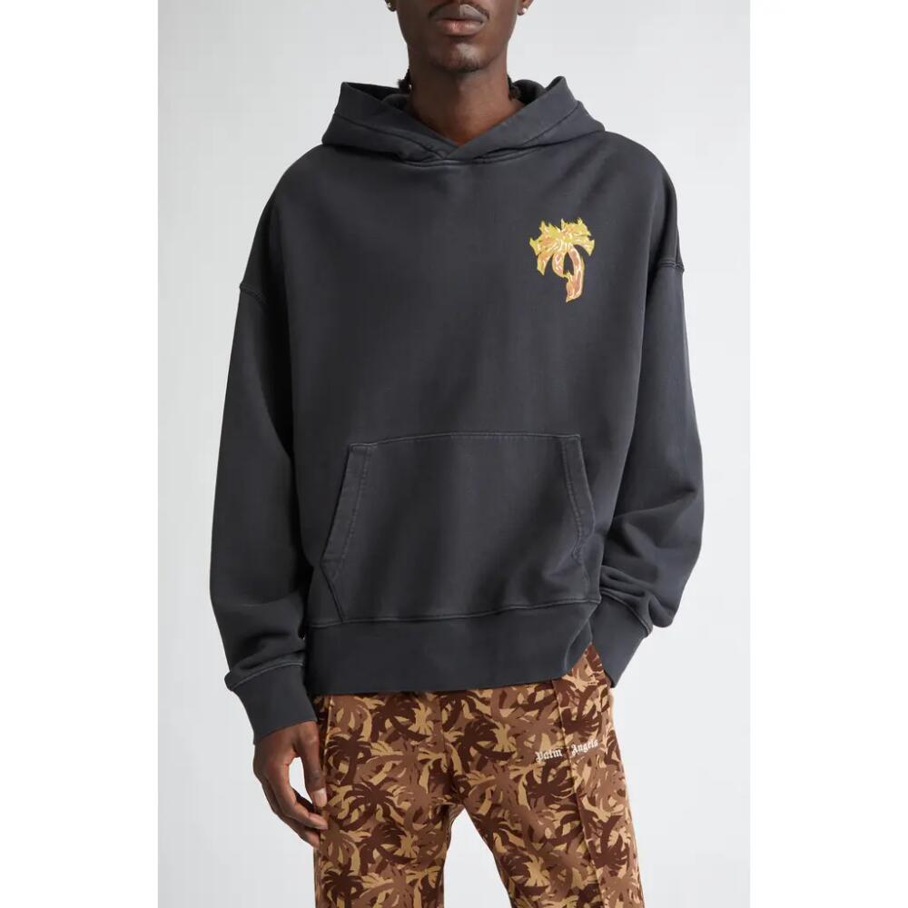 Palm Angels Burning Palm Cotton Graphic Hoodie in Black Gold Cover