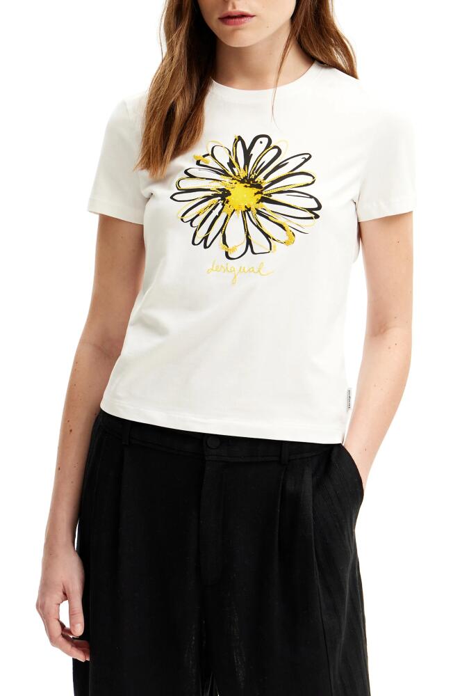 Desigual Daisy Embroidered Cotton Graphic T-Shirt in White Cover