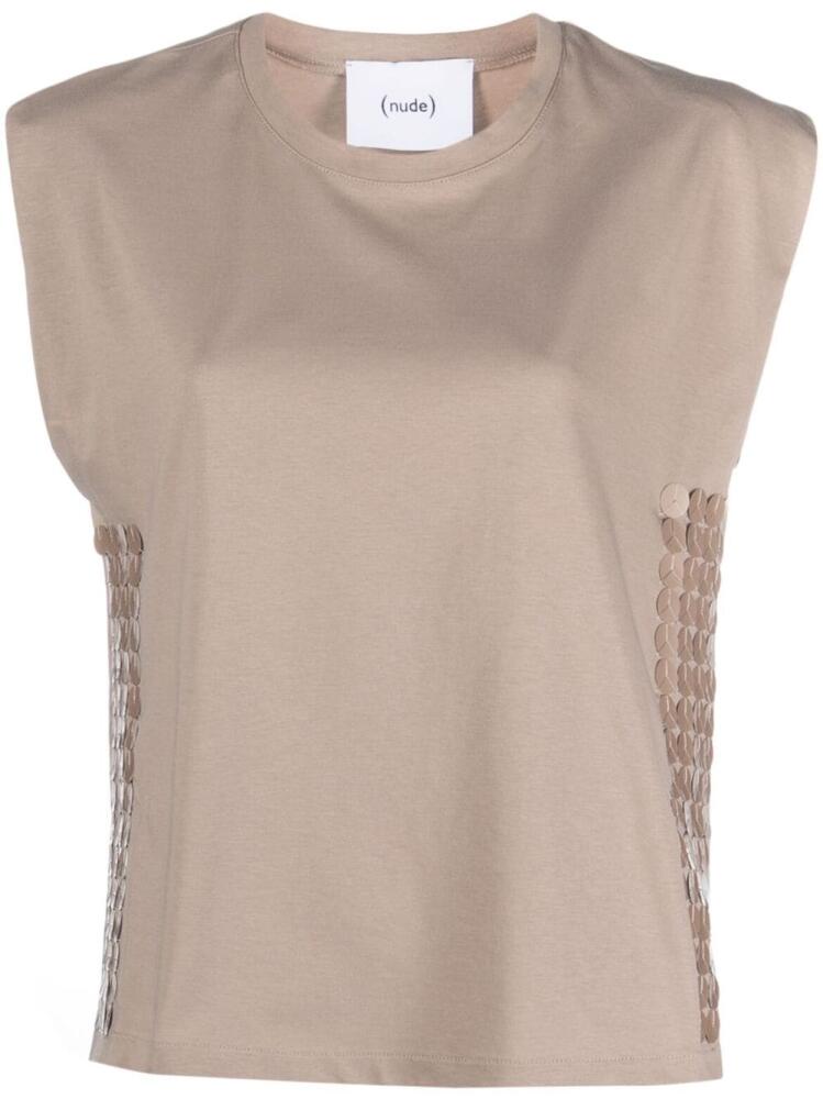 Nude sequin-embellished cotton T-shirt - Neutrals Cover