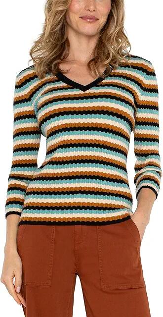 Liverpool Los Angeles 3/4 Sleeve V Neck Sweater (Ocean Multistripe) Women's Sweater Cover