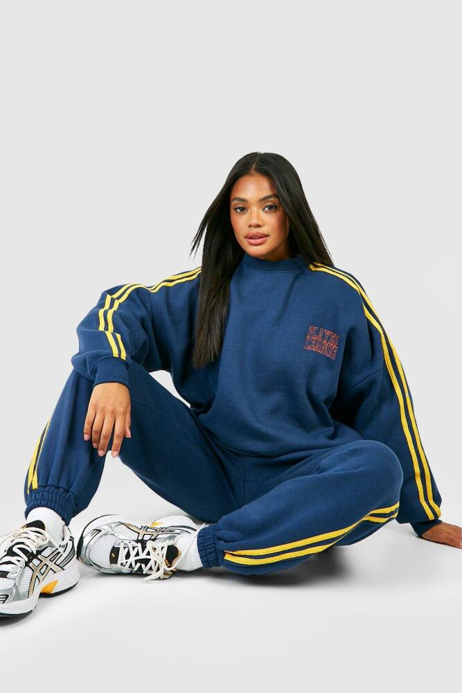 boohoo Womens Toweling Applique Slogan Sweatshirt Tracksuit - Navy Cover