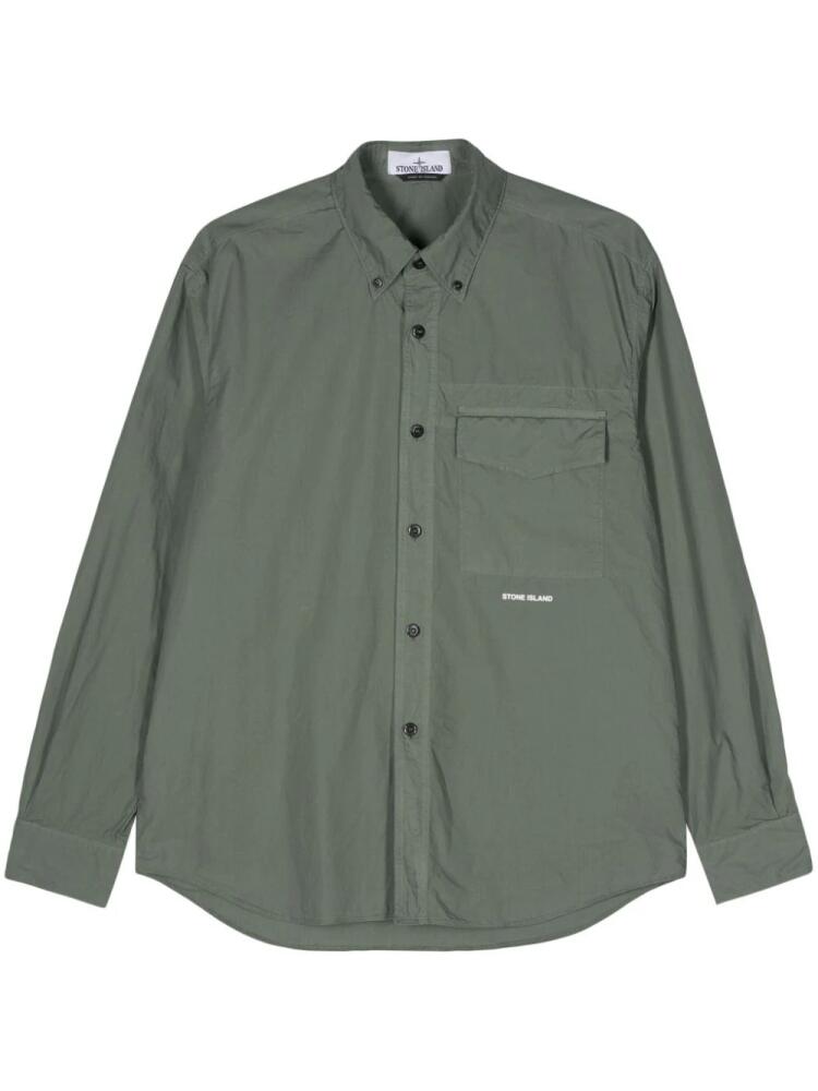 Stone Island logo-print cotton linen shirt - Green Cover