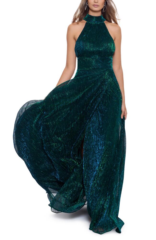 Betsy & Adam Halter Mock Neck Crinkle Faux Wrap Gown in Jade Cover