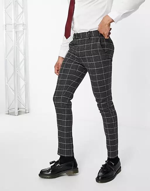 ASOS DESIGN wool mix skinny smart pants in gray check Cover