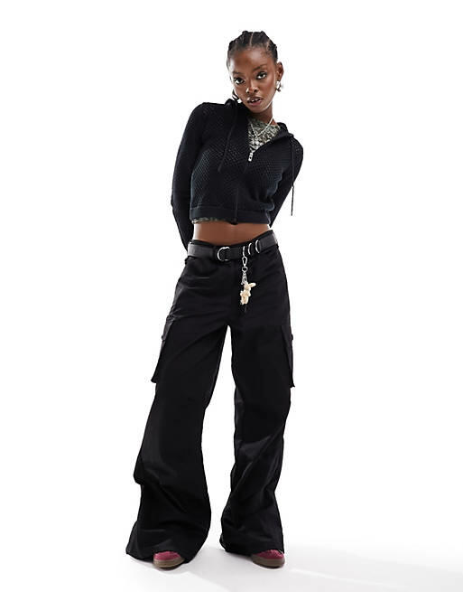 COLLUSION wide leg utility pants with button hem-Black Cover