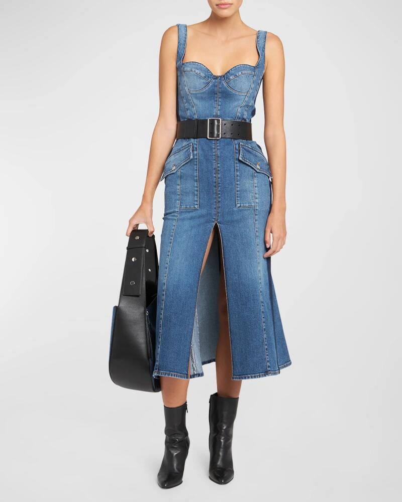 Alexander McQueen Sculpted Bust Denim Midi Dress with Front Slit Cover