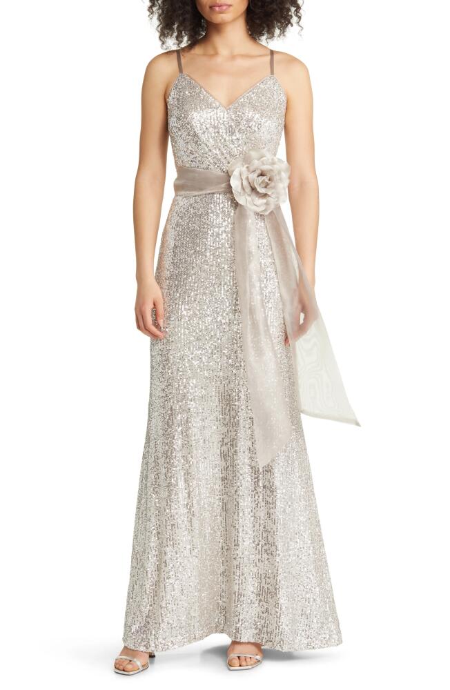 Eliza J Organza Flower Sequin Gown in Silver Cover