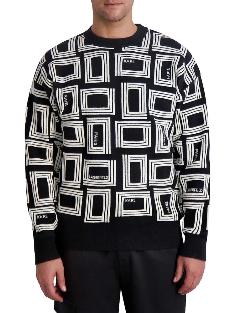 KARL LAGERFELD PARIS WHITE LABEL Men's Slim Fit Logo Jacquard Crewneck Sweater - Black Cover