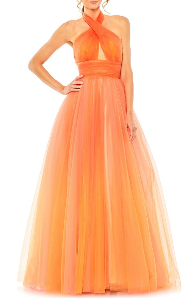 Mac Duggal Cross Front Ombré Tulle Gown in Orange Cover