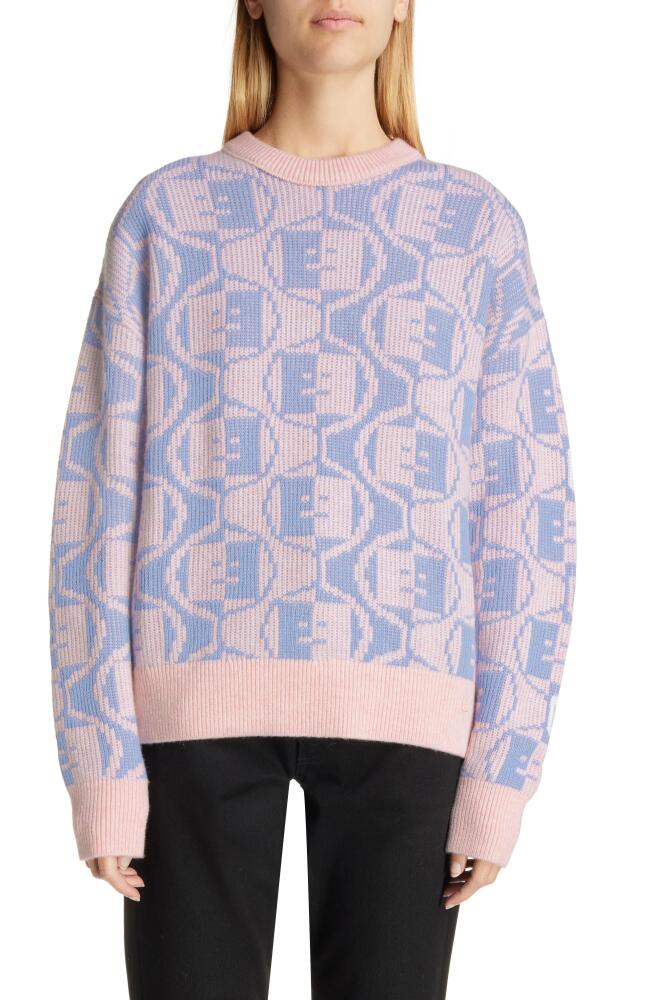 Acne Studios Katch Face Logo Two-Tone Wool & Cotton Sweater in Faded Pink Melange/Light Blue Cover