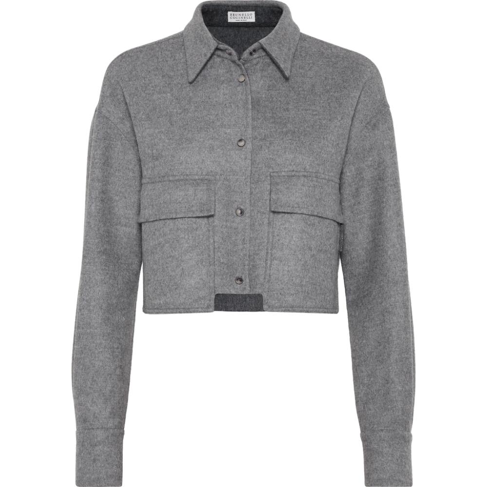 Brunello Cucinelli Virgin wool double cloth cropped shirt-style outerwear jacket with shiny tab in Medium Grey Cover