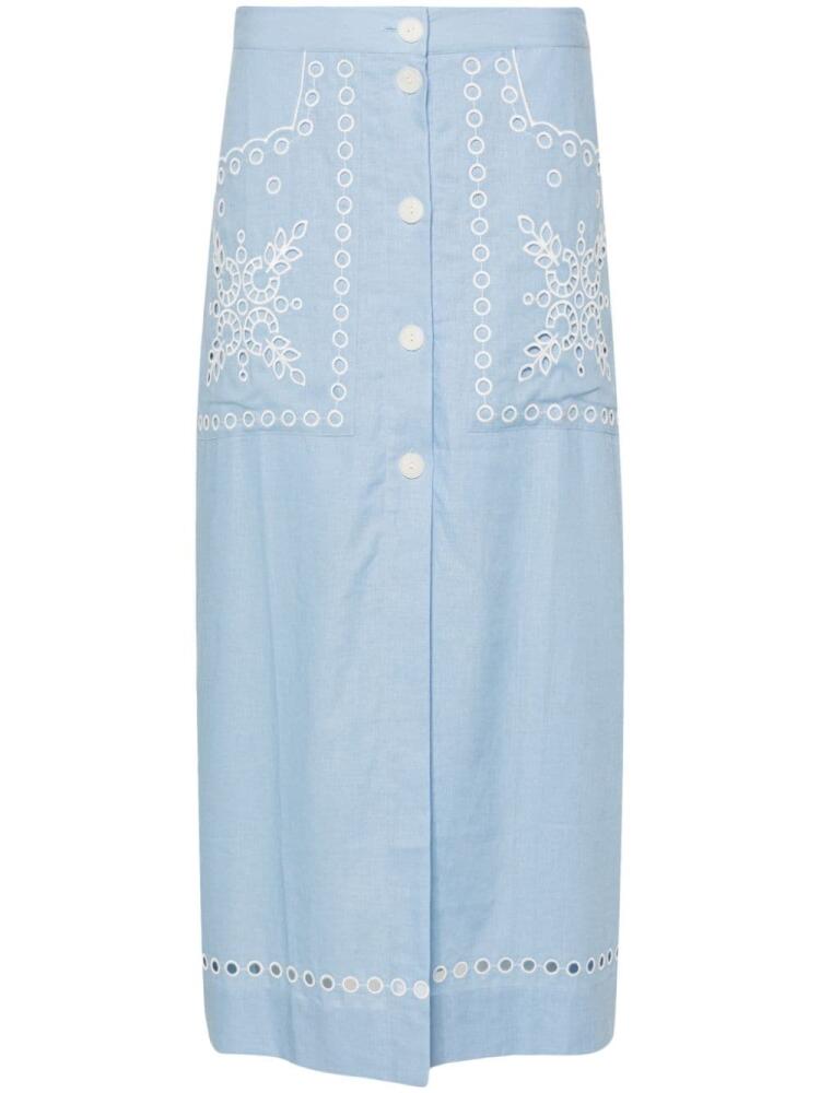 SANDRO broderie-anglaise chambray midi skirt - Blue Cover