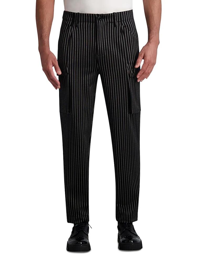 KARL LAGERFELD PARIS WHITE LABEL Men's Loose Fit Striped Flat Front Cargo Pants - Black Cover