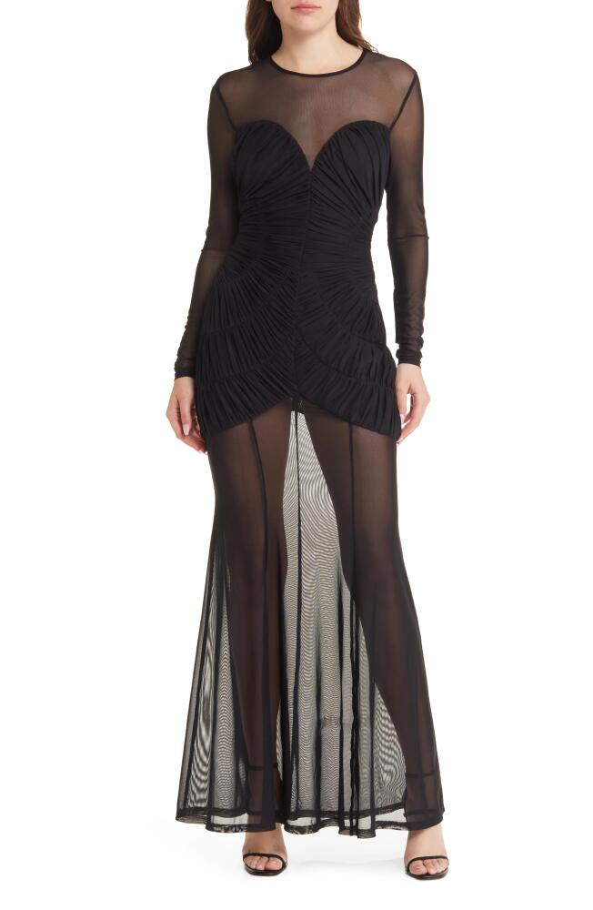 MISHA COLLECTION Talitha Smocked Mesh Long Sleeve Gown in Black Cover