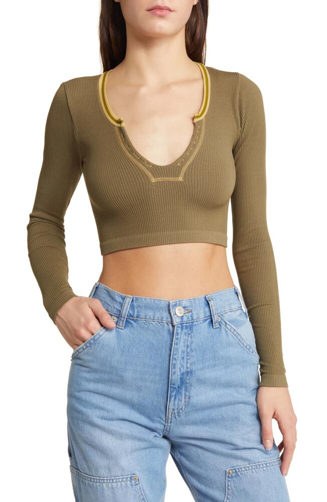 BDG Urban Outfitters Going for Gold Long Sleeve Rib Crop Top in Khaki Cover