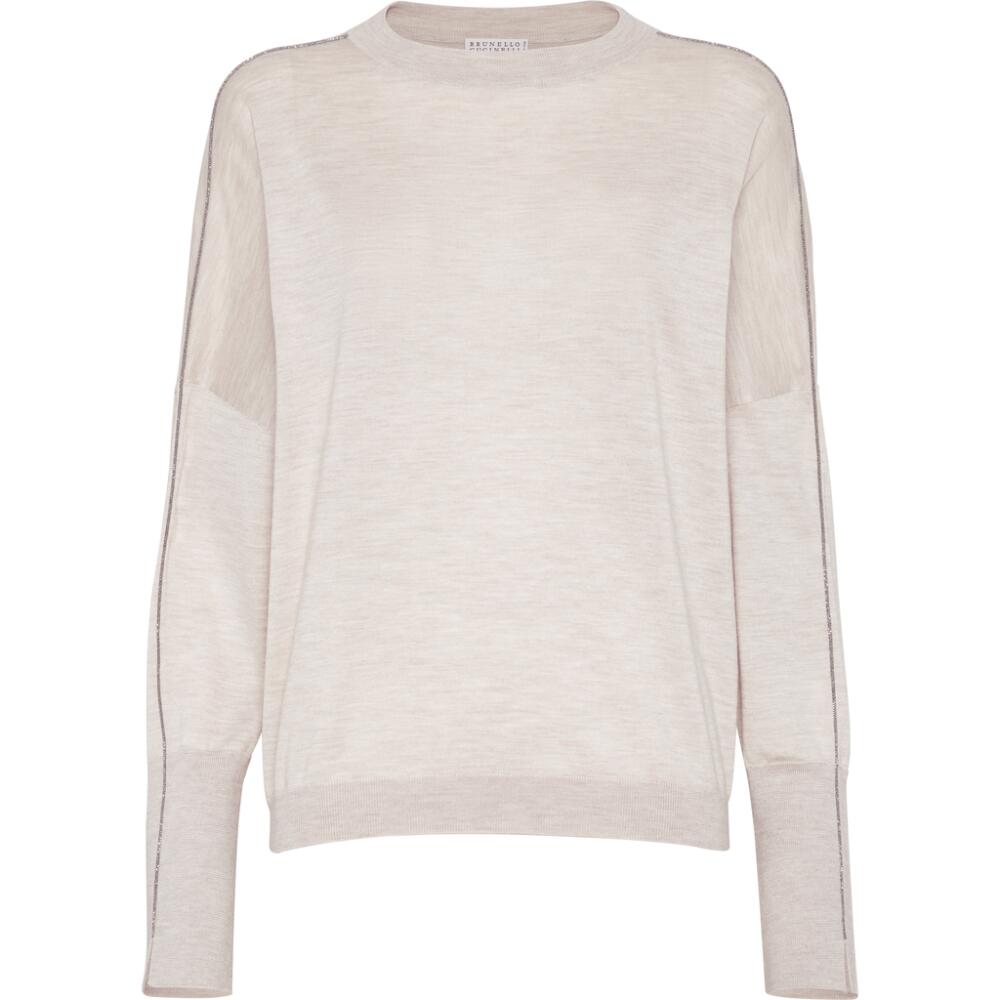 Brunello Cucinelli Cashmere and silk sweater with shiny sleeve trim in Oyster Cover