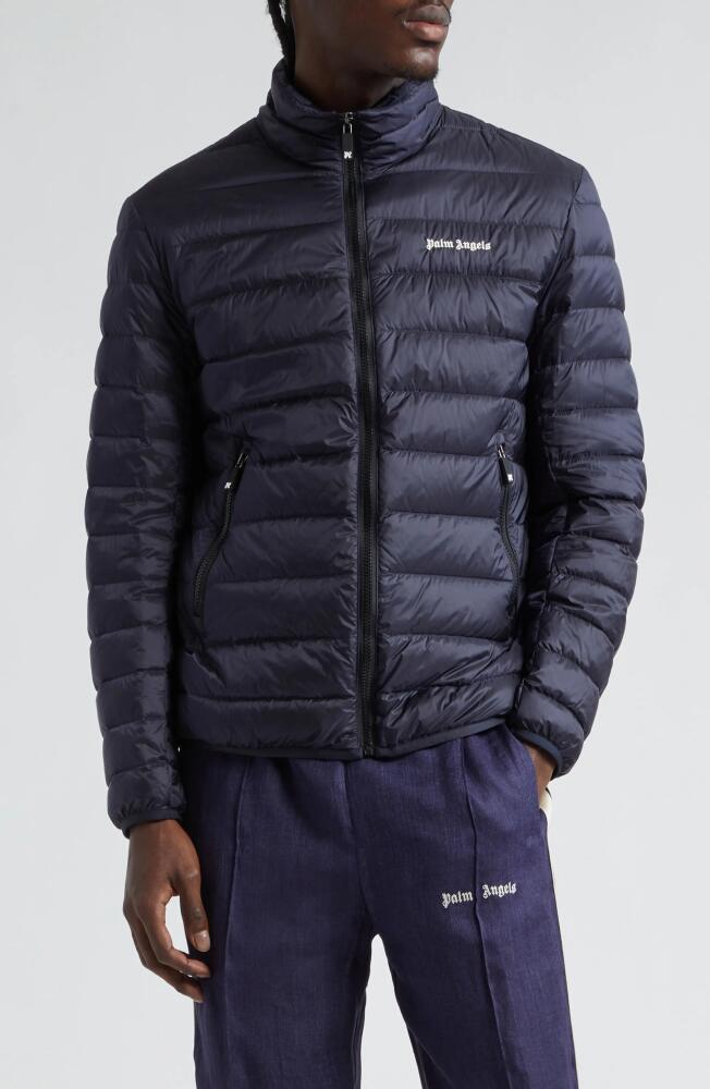 Palm Angels Classic Logo Down Puffer Jacket in Navy Blue Cover