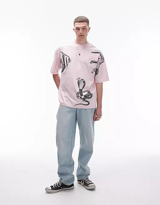 Topman extreme oversized fit t-shirt with animal embroidery in pink Cover