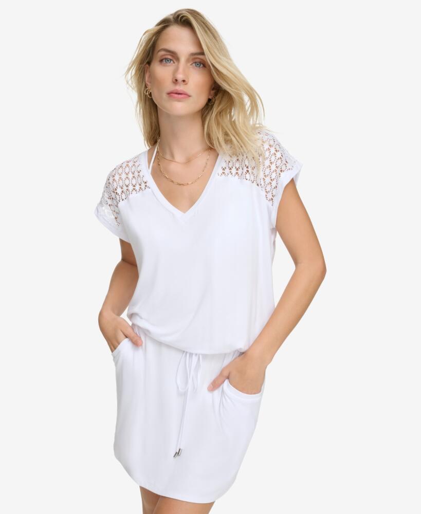 Calvin Klein Crochet-Shoulder Tunic Cover Up - Soft White Cover