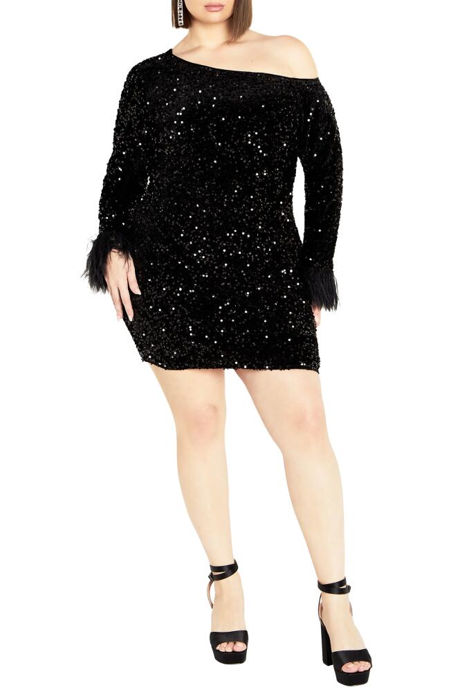 City Chic Octavia One-Shoulder Long Sleeve Sequin Body-Con Minidress in Black Cover