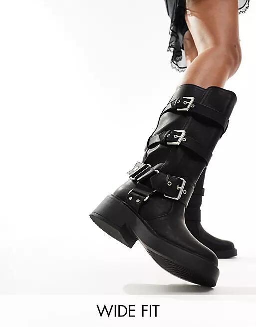 ASOS DESIGN Wide Fit Captain multi-buckle biker knee boots in black Cover