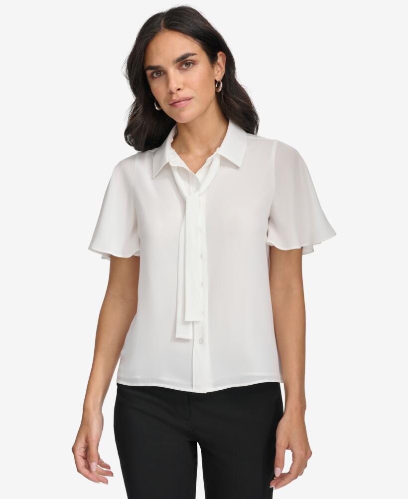 Calvin Klein Petite Tie-Neck Flutter-Sleeve Button-Down Blouse - Cream Cover