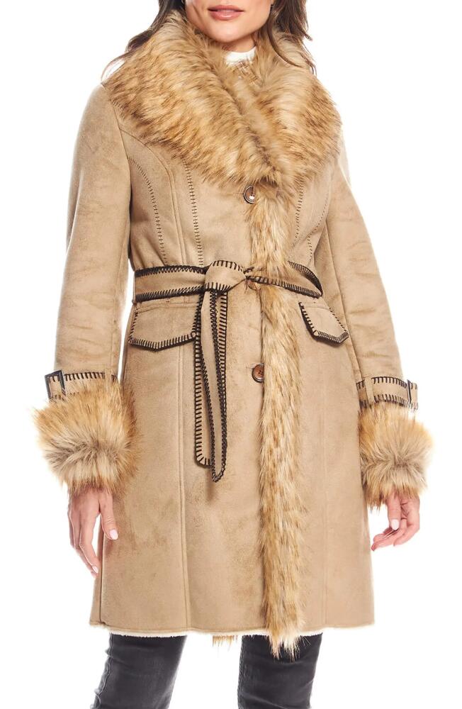 DONNA SALYERS FABULOUS FURS Dakota Belted Faux Suede Coat with Faux Fur Trim in Latte Cover