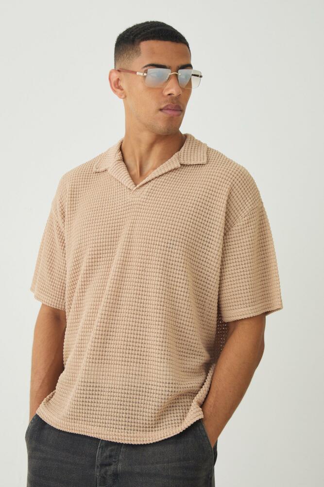 boohoo Mens Oversized Boxy Textured Short Sleeve Polo - Beige Cover