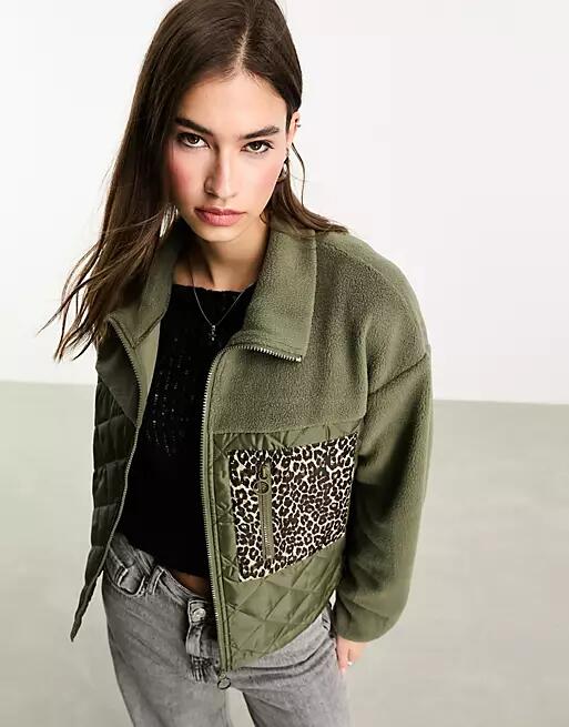 Only teddy fleece jacket with leopard print pocket in khaki-Green Cover