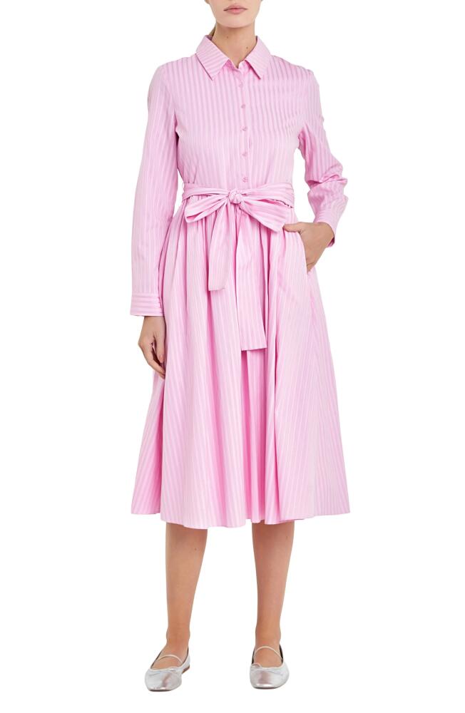 English Factory Stripe Long Sleeve Tie Belt Midi Shirtdress in Pink Cover