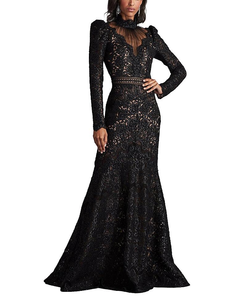 Tadashi Shoji Enzo Sequin Embroidered High Neck Illusion Gown Cover