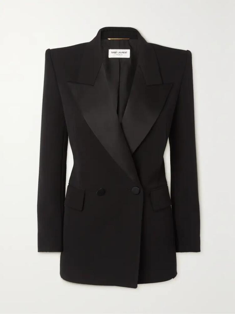 SAINT LAURENT - Double-breasted Satin-trimmed Grain De Poudre Wool Blazer - Black Cover