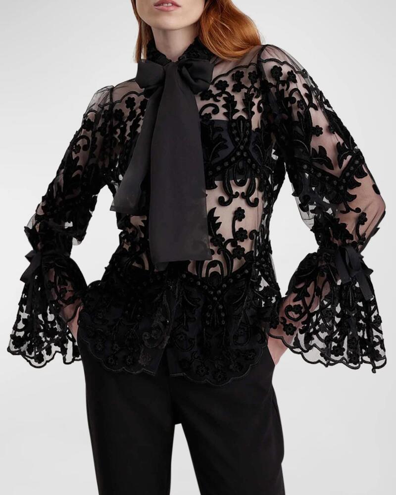 Anne Fontaine Arabesque Tie-Neck Embroidered Velvet Blouse Cover