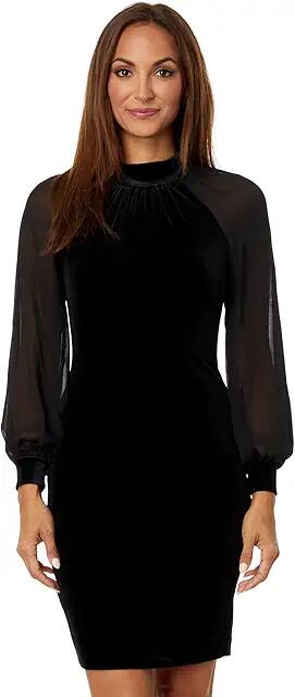 Calvin Klein Velvet Short Sheath with Chiffon Sleeves (Black) Women's Dress Cover