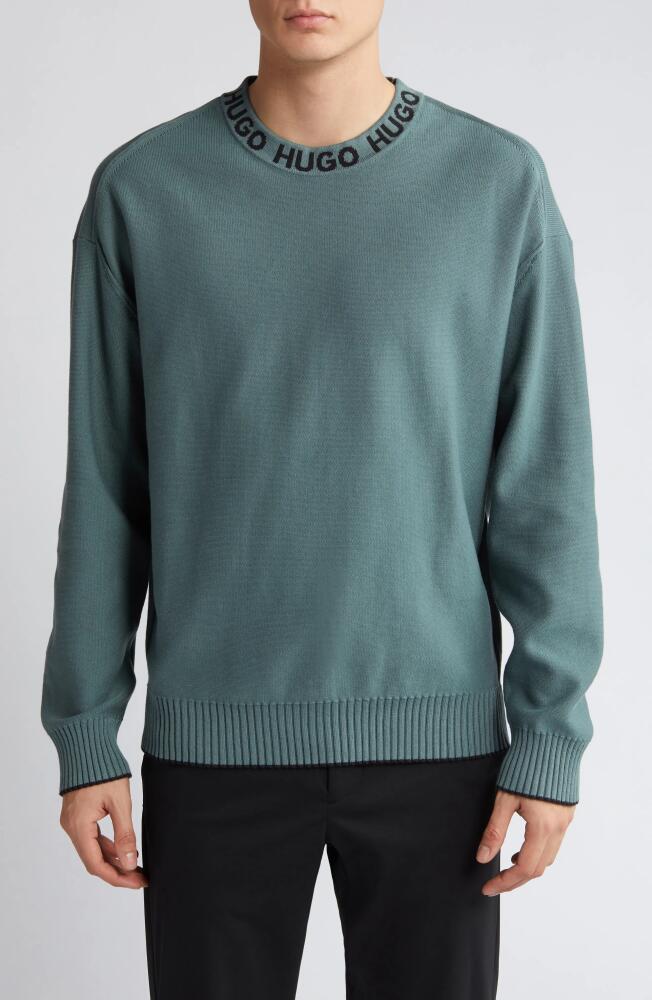 BOSS Smarlo Oversize Logo Collar Crewneck Sweater in Dark Green Cover