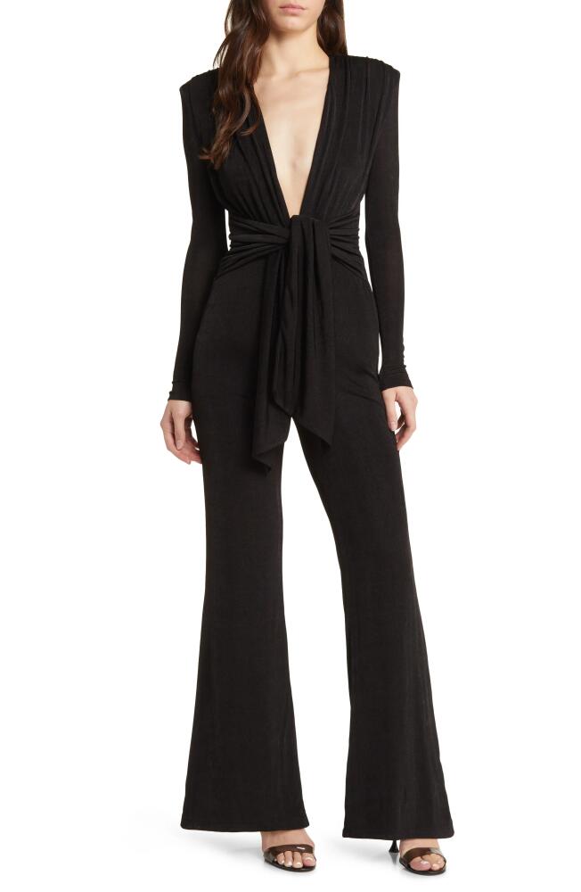 MISHA COLLECTION Thelka Knot Detail Plunge Long Sleeve Flare Jumpsuit in Black Nord Exclusive Cover