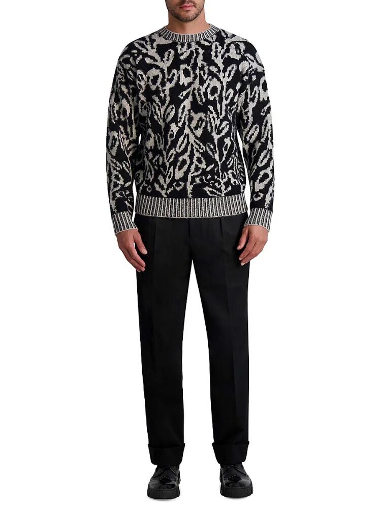 KARL LAGERFELD PARIS WHITE LABEL Men's Loose Fit Wool Blend Floral Jacquard Sweater - Black White Cover