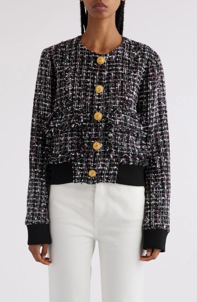 Balmain Button-Up Tweed Bomber Jacket in Eah Black Multi Cover