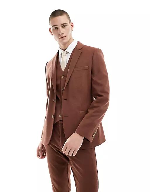 ASOS DESIGN Wedding skinny suit jacket in brown Cover