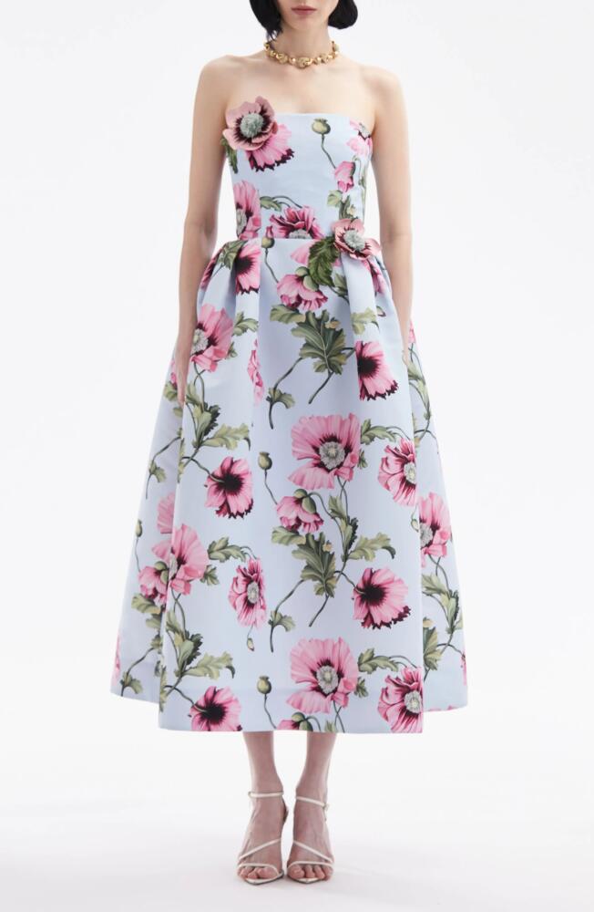 Oscar de la Renta Poppies Strapless Cocktail Midi Dress in Light Blue/Pink Cover