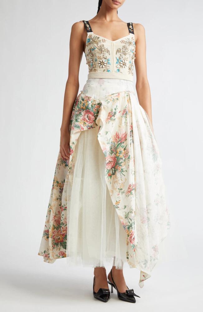 Erdem Embellished Corset Bodice Midi Cocktail Dress in Beige Multi Cover