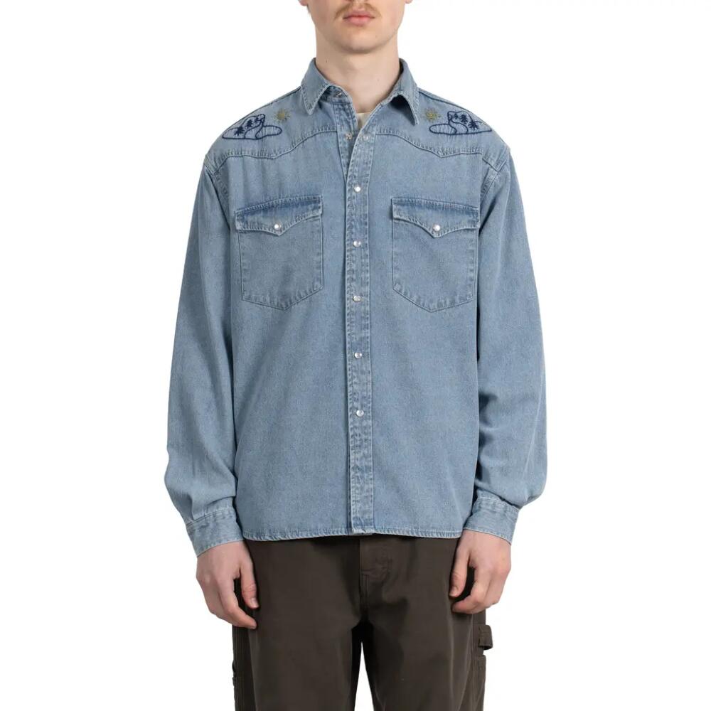 STAN RAY Oversize Embroidered Denim Snap-Up Shirt in Stonewashed W/Emb Cover