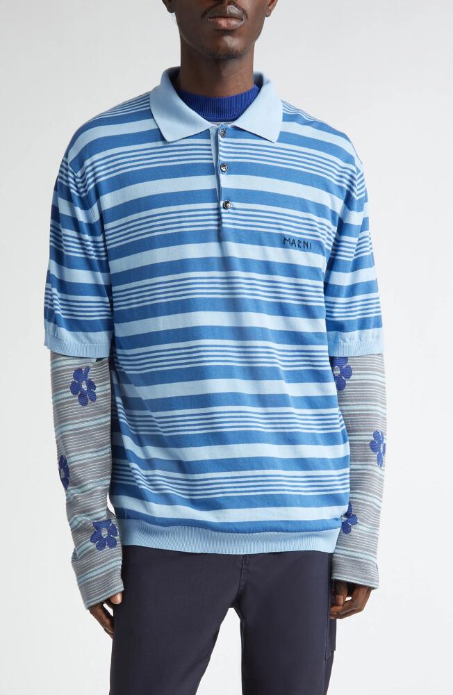 Marni Stripe Relaxed Fit Cotton Polo Sweater in Azure Cover